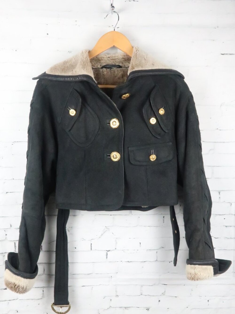 GIANNI VERSACE 90'S VINTAGE DARK GREY SUEDE BROWN SHEARLING CROP BOMBER JACKET